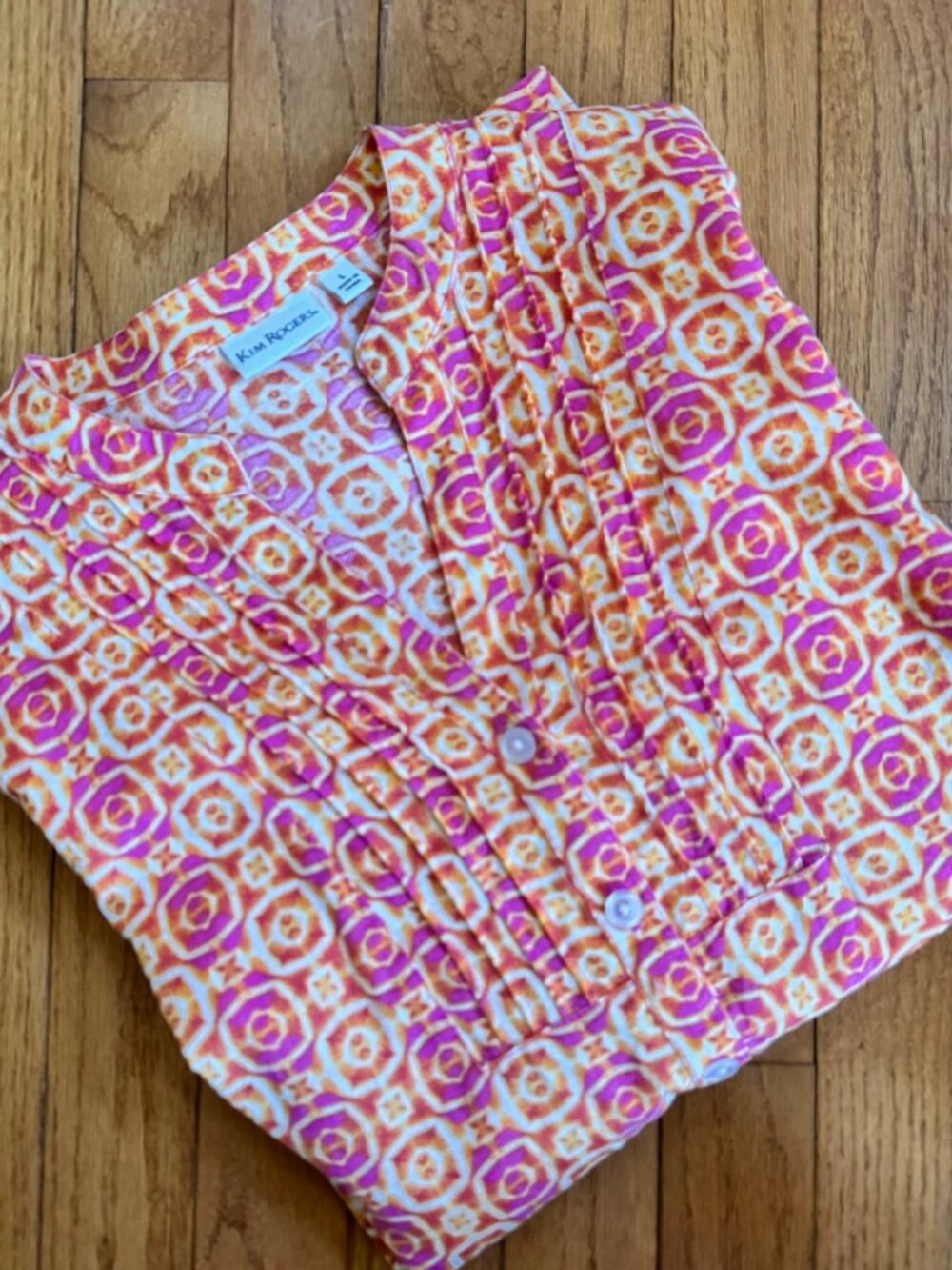 Kim Rodgers Linen Cotton Batik Tunic Orange Pink Pintuck Front Resort Size L